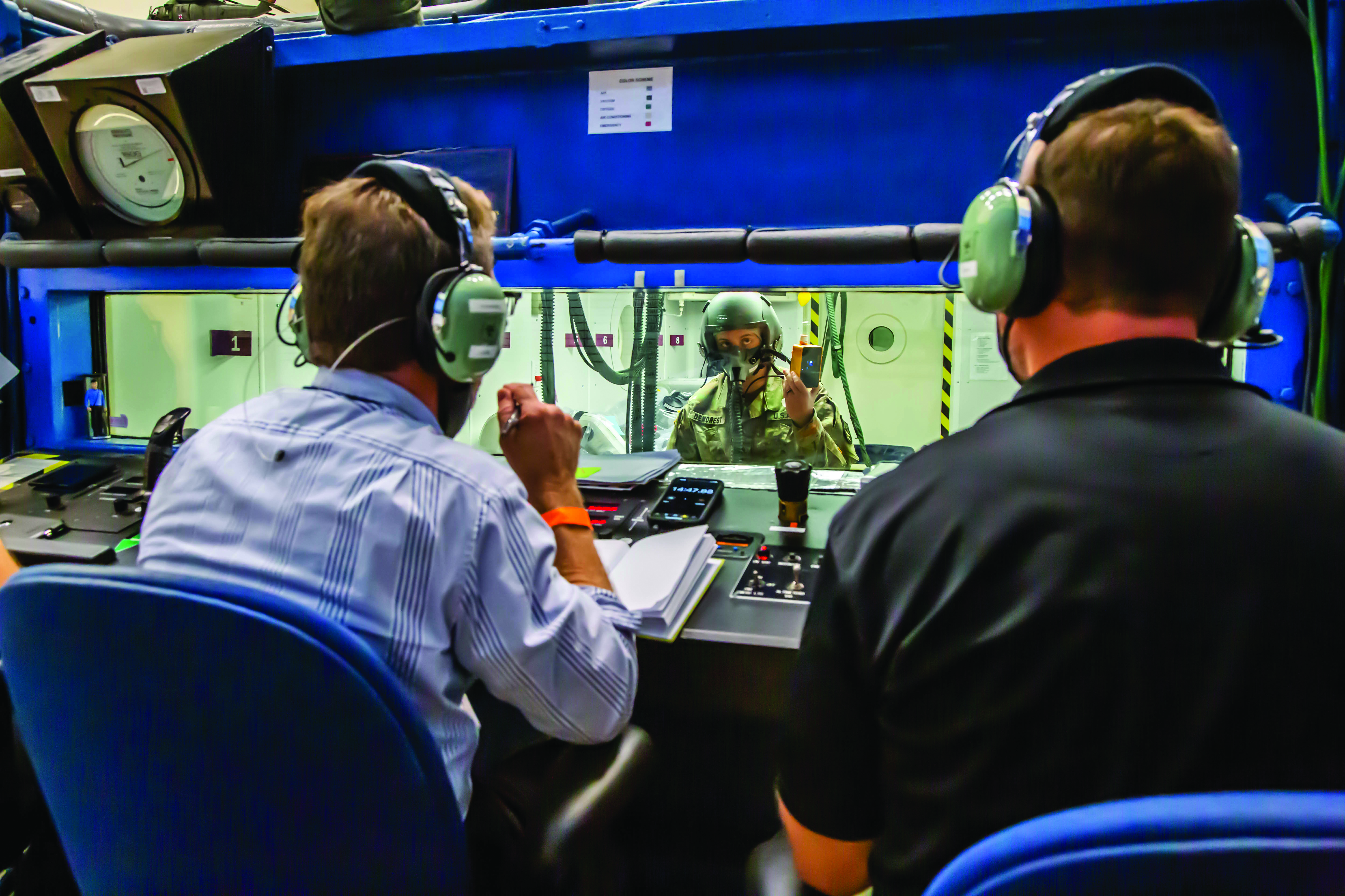The U.S. Army Aeromedical Research Laboratory collaborates with the U.S. Army School of Army Aviation Medicine to conduct testing inside their man-rated altitude
        chamber. The goal of this effort was to test three patient isolation units (PIUs) to determine if they will operate correctly when exposed to simulated altitudes from
        ground level up to 18,000 feet. (Credit: Scott C. Childress)